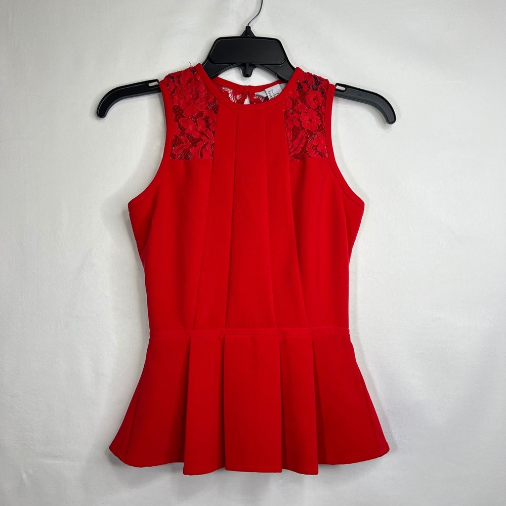 H&M Red Peplum Sleeveless Top Size XS Lace Pleated Party Formal Romantic Vampire